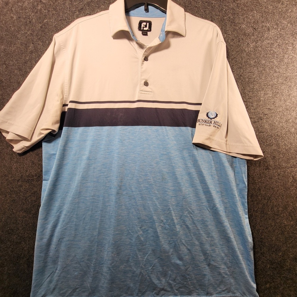FootJoy Mens Golf Polo Shirt Large Bunker Hills Golf Club Blue White Striped FJ